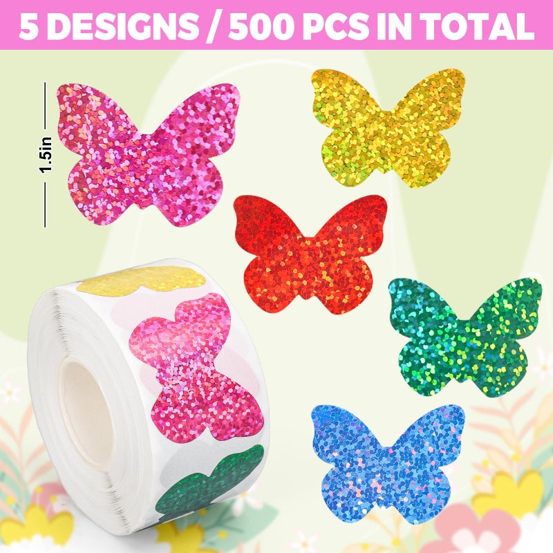 Whaline Spring Butterfly Stickers Roll Laser Butterfly Shape Seal Stickers Colorful Waterproof Self-Adhesive Decals for Envelope Journal Decor Birthday Wedding, 500 Pcs - Image 2